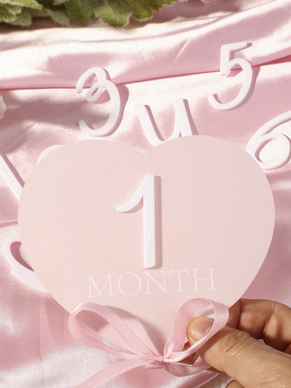 1 Set Heart-Shaped Baby Monthly Milestone Signs Black Pink Acrylic 3D Cards One Month Sign Newborn Photo Props Photoshoot Summer Cute Kawaii