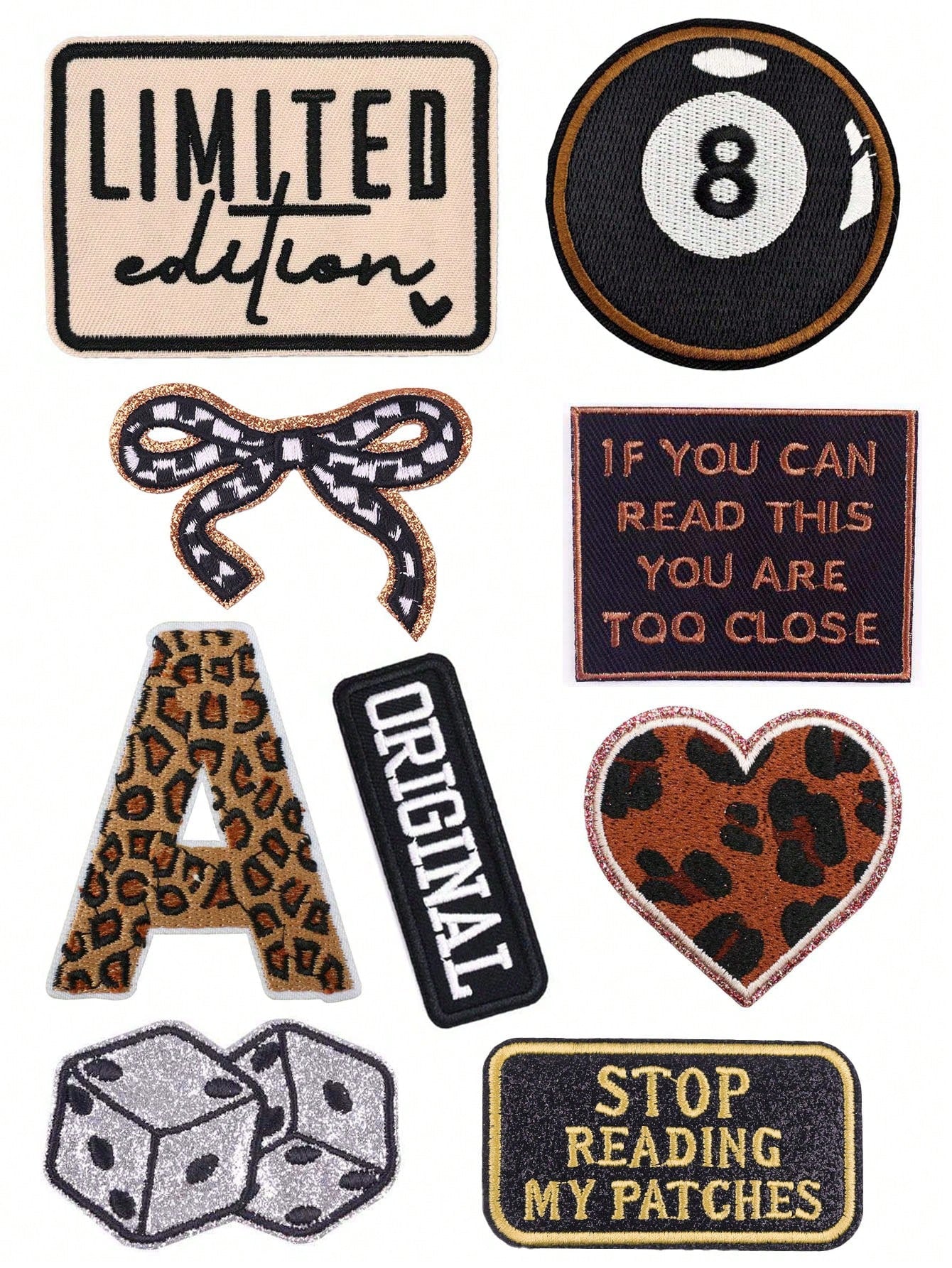 1 Set Of 3/9pcs Multicolored English Letter Embroidery Patch Cute Fashion Bow Billiards Dice Polyester Badge Applique DIY Clothing Iron On Patches Sew Accessory Cloth Stickers Suitable For Backpacks