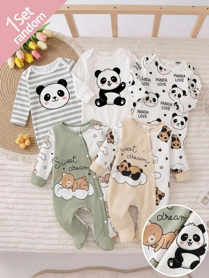 [1 Set Random] 0-12 Months Newborn Infant Romper, Cute Panda & Simple Striped Print, Long Sleeve Footed Jumpsuit, Unisex Baby Soft Comfortable Pajamas For Indoor & Outdoor Wear