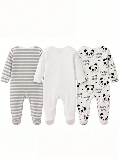 [1 Set Random] 0-12 Months Newborn Infant Romper, Cute Panda & Simple Striped Print, Long Sleeve Footed Jumpsuit, Unisex Baby Soft Comfortable Pajamas For Indoor & Outdoor Wear