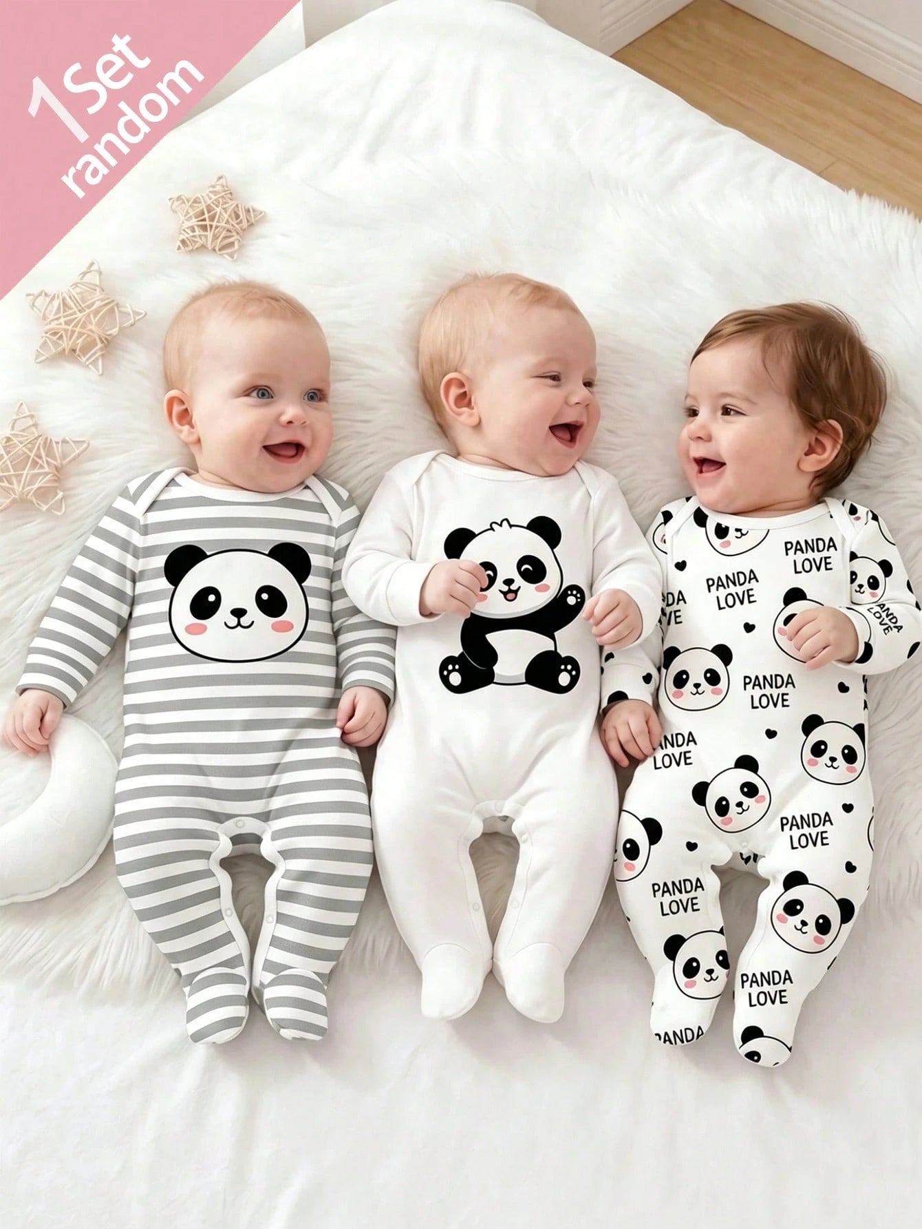 [1 Set Random] 0-12 Months Newborn Infant Romper, Cute Panda & Simple Striped Print, Long Sleeve Footed Jumpsuit, Unisex Baby Soft Comfortable Pajamas For Indoor & Outdoor Wear