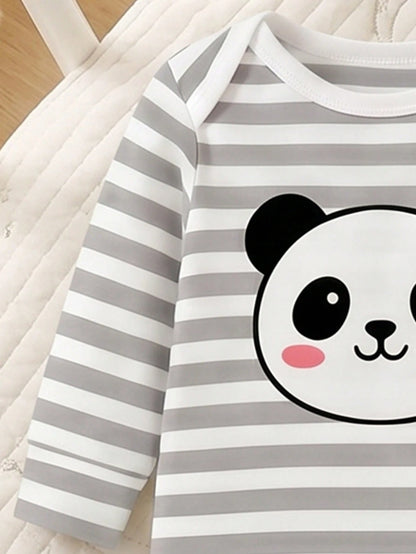 [1 Set Random] 0-12 Months Newborn Infant Romper, Cute Panda & Simple Striped Print, Long Sleeve Footed Jumpsuit, Unisex Baby Soft Comfortable Pajamas For Indoor & Outdoor Wear