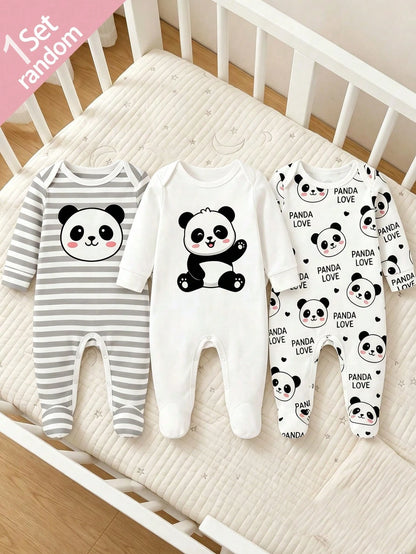 [1 Set Random] 0-12 Months Newborn Infant Romper, Cute Panda & Simple Striped Print, Long Sleeve Footed Jumpsuit, Unisex Baby Soft Comfortable Pajamas For Indoor & Outdoor Wear