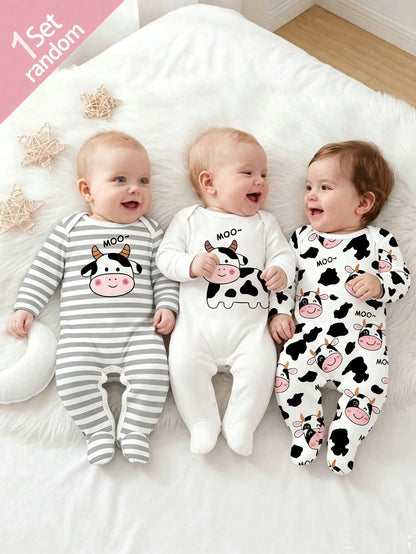 [1 Set Random] 0-12 Months Newborn Infant Romper, Cute Panda & Simple Striped Print, Long Sleeve Footed Jumpsuit, Unisex Baby Soft Comfortable Pajamas For Indoor & Outdoor Wear