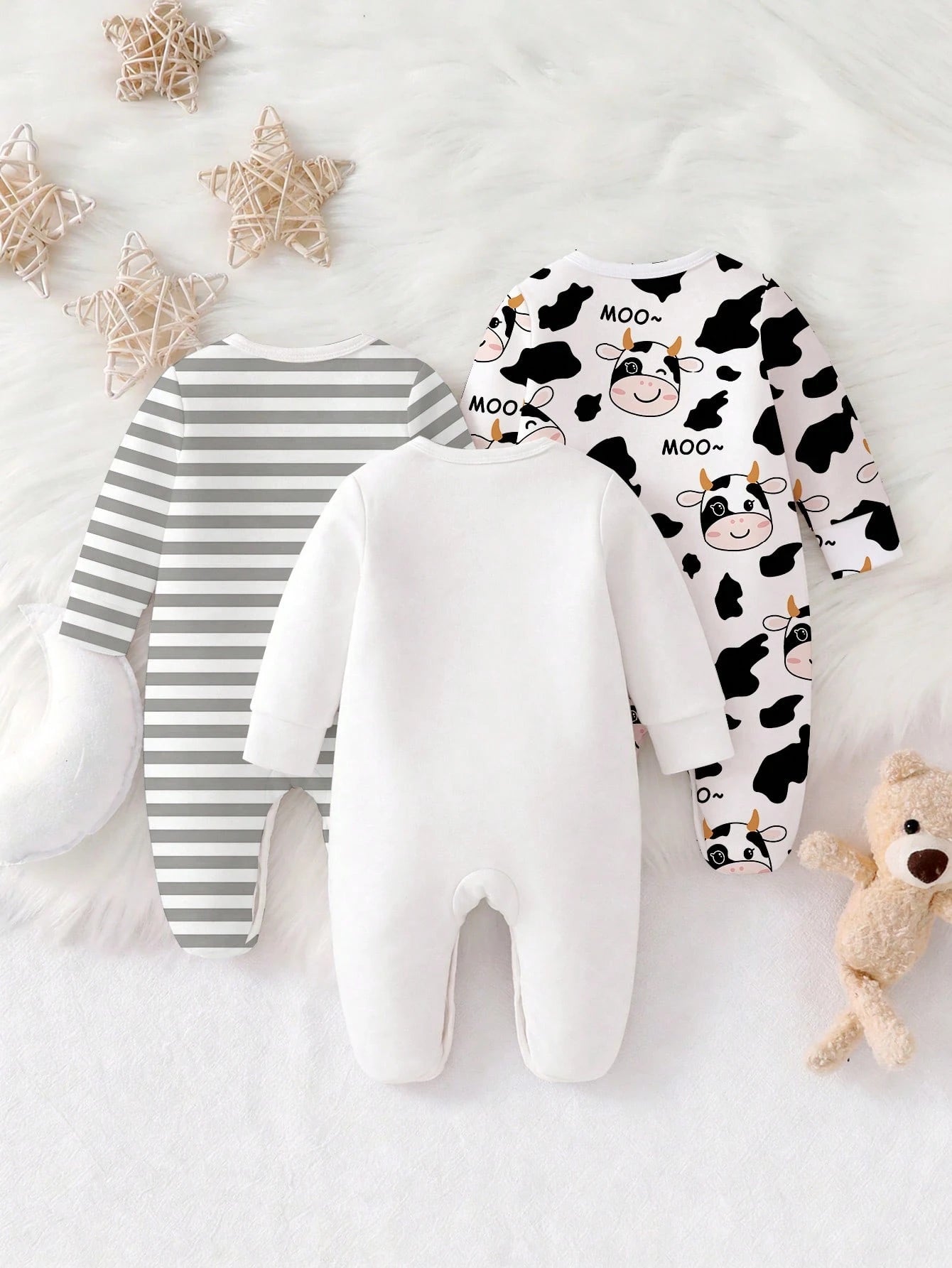 [1 Set Random] 0-12 Months Newborn Infant Romper, Cute Panda & Simple Striped Print, Long Sleeve Footed Jumpsuit, Unisex Baby Soft Comfortable Pajamas For Indoor & Outdoor Wear
