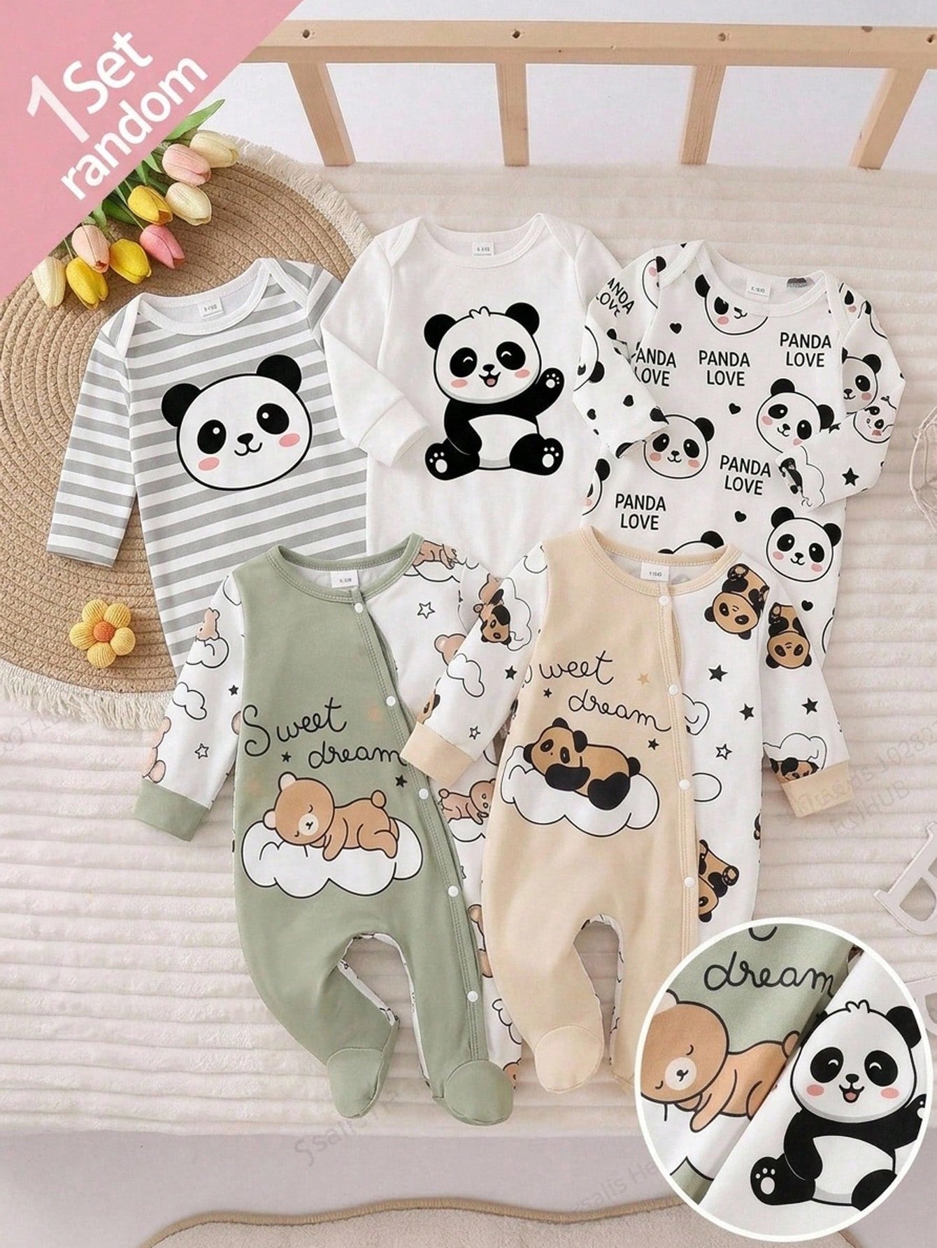 [1 Set Random] 0-12 Months Newborn Infant Romper, Cute Panda & Simple Striped Print, Long Sleeve Footed Jumpsuit, Unisex Baby Soft Comfortable Pajamas For Indoor & Outdoor Wear