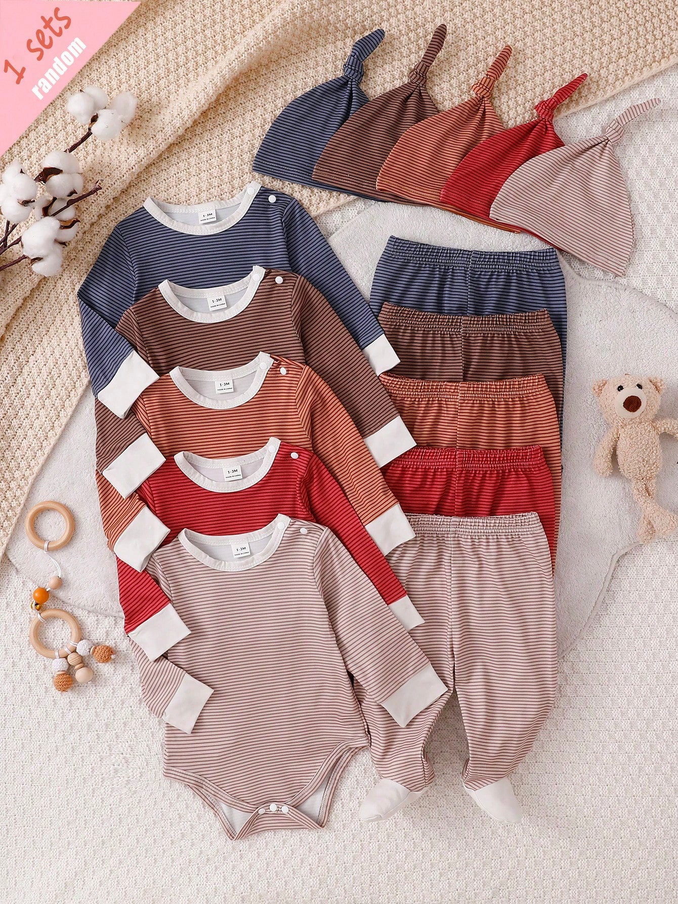 [1 Set Random Selection]Newborn Long Sleeve Jumpsuit, Hat And Pants Set, Multi-Color Striped All-Over Print, Cute Childlike Simple Versatile Fashion, Best Gift For Newborns