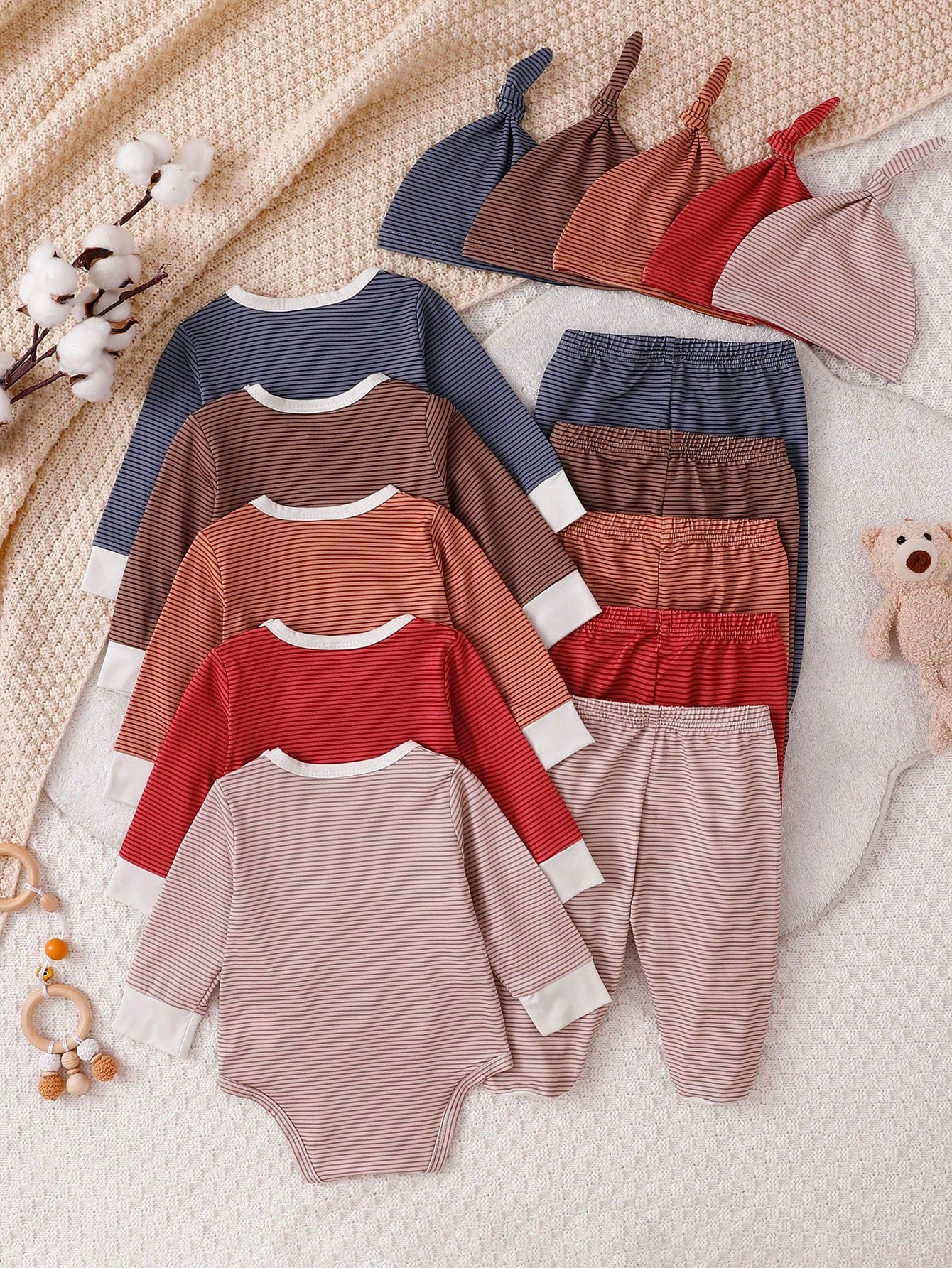 [1 Set Random Selection]Newborn Long Sleeve Jumpsuit, Hat And Pants Set, Multi-Color Striped All-Over Print, Cute Childlike Simple Versatile Fashion, Best Gift For Newborns