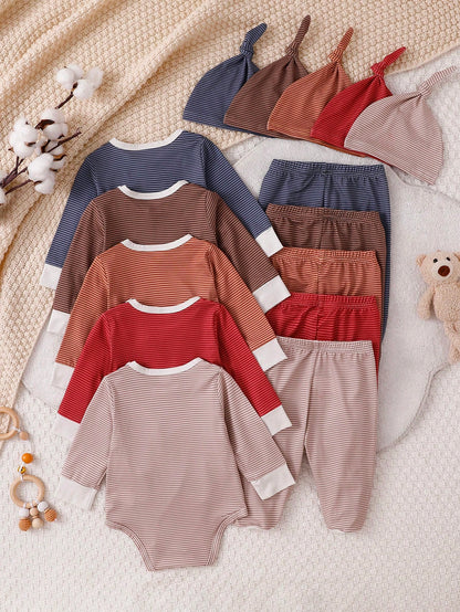 [1 Set Random Selection]Newborn Long Sleeve Jumpsuit, Hat And Pants Set, Multi-Color Striped All-Over Print, Cute Childlike Simple Versatile Fashion, Best Gift For Newborns