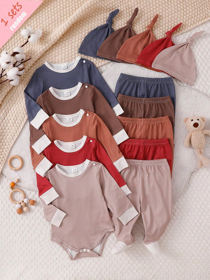 [1 Set Random Selection]Newborn Long Sleeve Jumpsuit, Hat And Pants Set, Multi-Color Striped All-Over Print, Cute Childlike Simple Versatile Fashion, Best Gift For Newborns