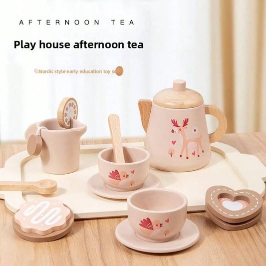 1 Set Wooden Cartoon Deer Children's Afternoon Tea Set, Realistic Teapot, Teacup, Cookie, Dessert Full Set Wooden Role Play Toy, Girls Role Play Early Education Interactive Game Gift Box