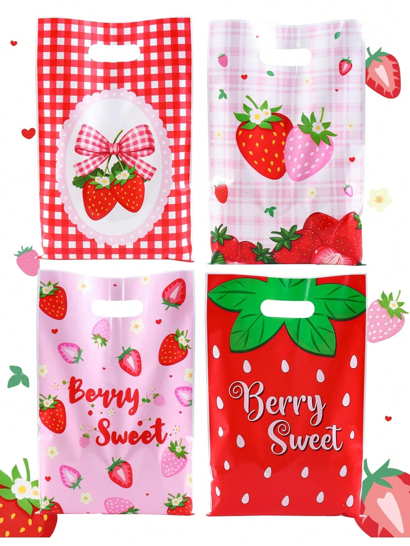 10/20/50pcs Strawberry Gift Bags, Pink Red Plastic Bags With Handles, Bow Print Candy Bags, Party Decoration, Baby Shower
