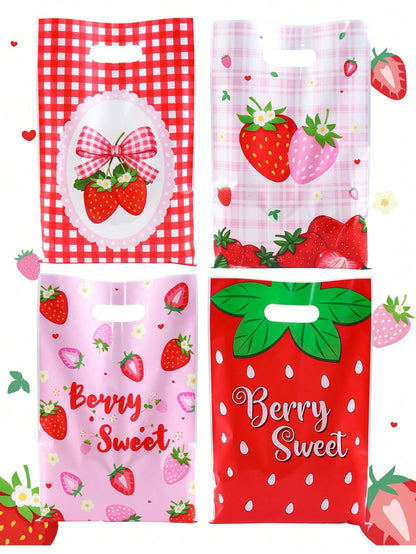 10/20/50pcs Strawberry Gift Bags, Pink Red Plastic Bags With Handles, Bow Print Candy Bags, Party Decoration, Baby Shower