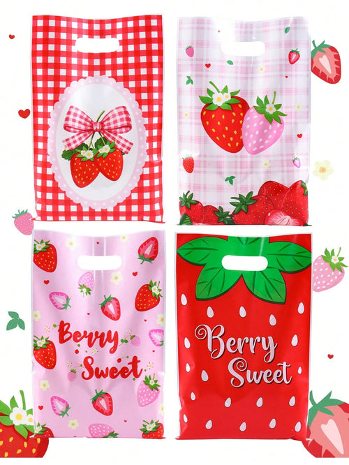 10/20/50pcs Strawberry Gift Bags, Pink Red Plastic Bags With Handles, Bow Print Candy Bags, Party Decoration, Baby Shower