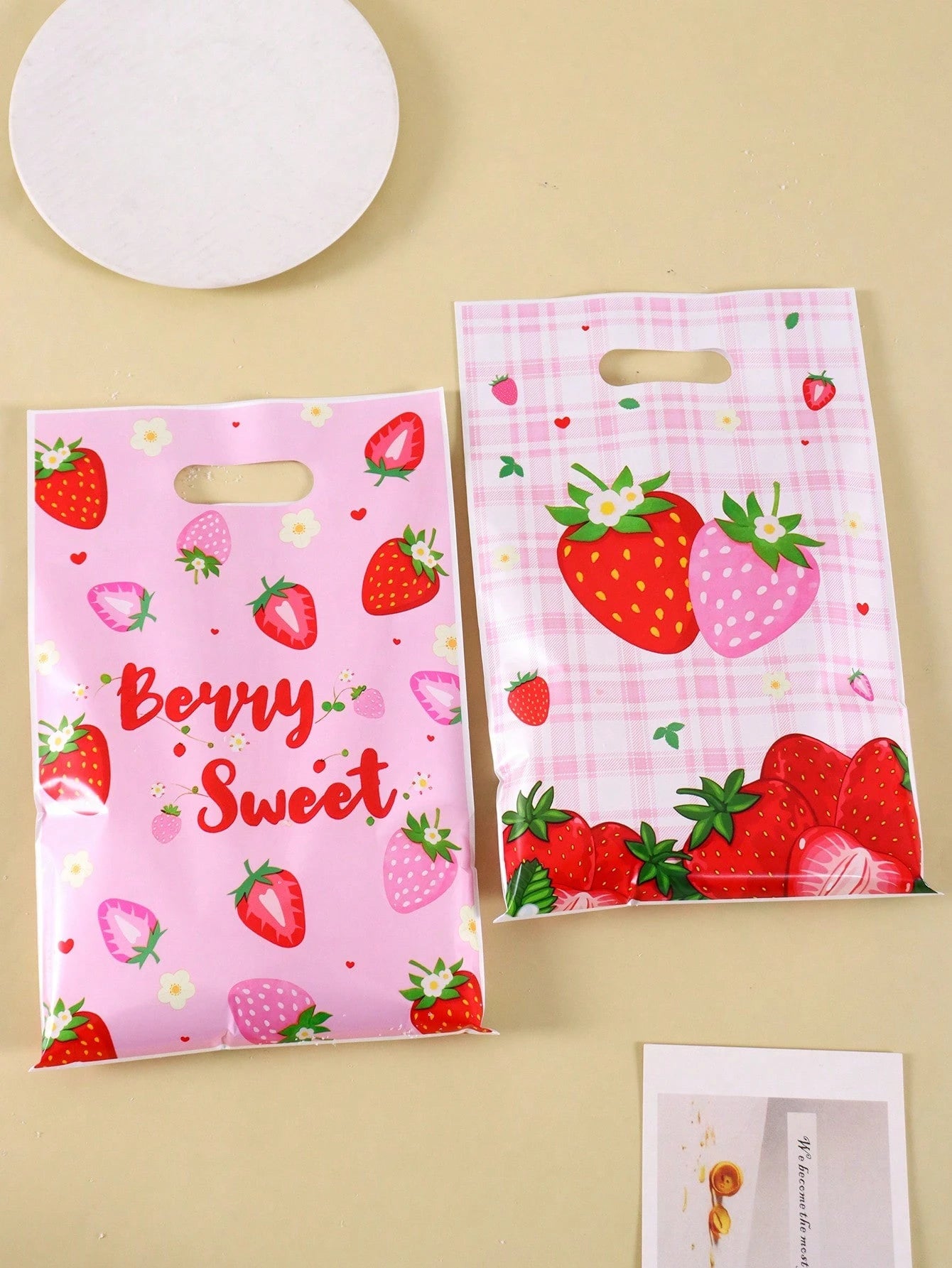 10/20/50pcs Strawberry Gift Bags, Pink Red Plastic Bags With Handles, Bow Print Candy Bags, Party Decoration, Baby Shower