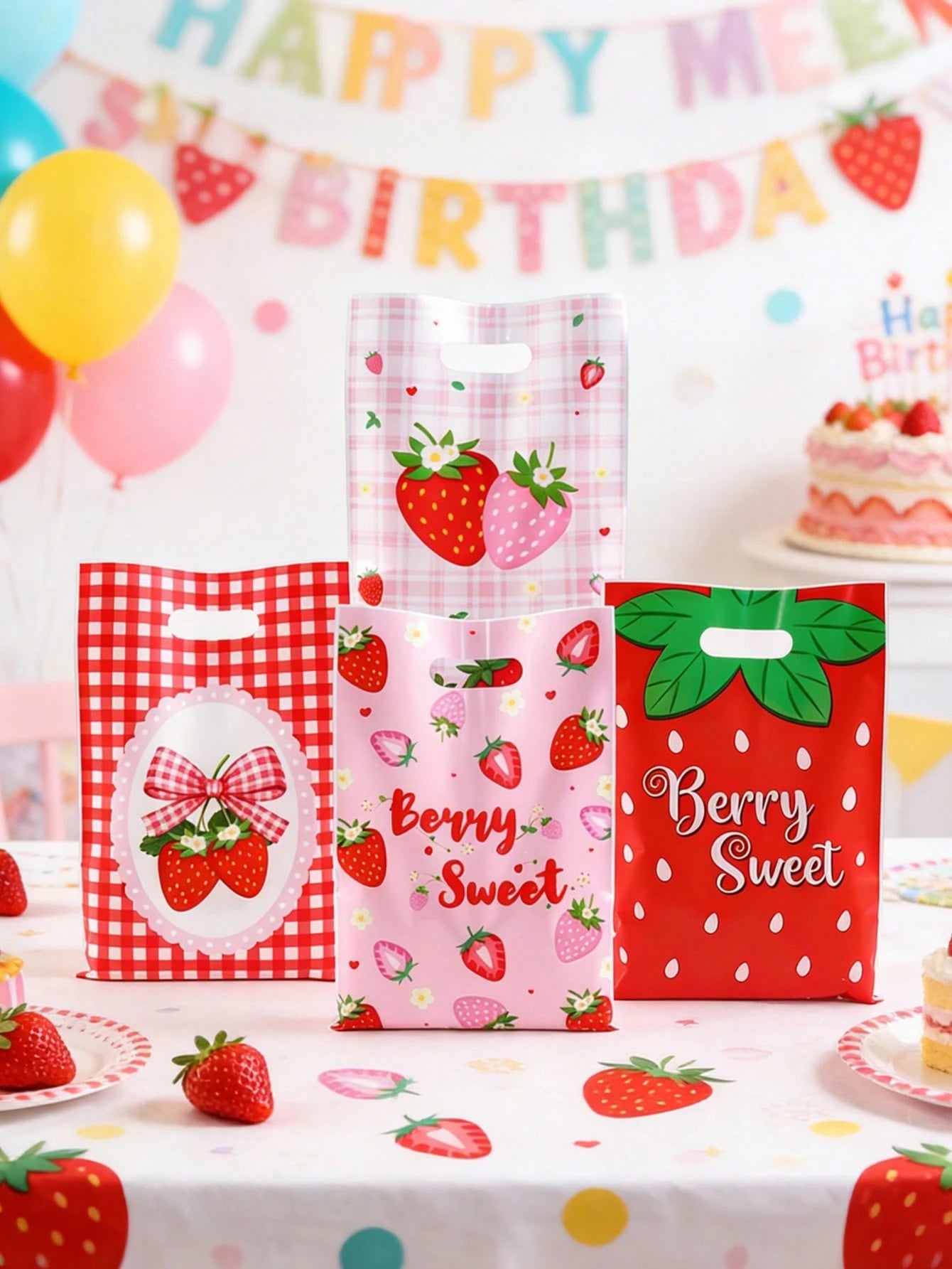 10/20/50pcs Strawberry Gift Bags, Pink Red Plastic Bags With Handles, Bow Print Candy Bags, Party Decoration, Baby Shower