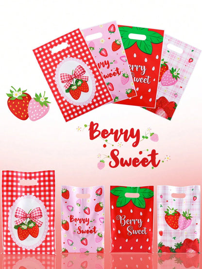 10/20/50pcs Strawberry Gift Bags, Pink Red Plastic Bags With Handles, Bow Print Candy Bags, Party Decoration, Baby Shower