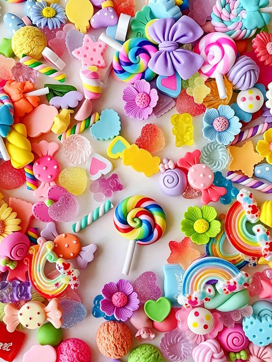 10/30pcs Macaron Color Lollipop Flower Bow Cute Resin Random Mixed Assorted Small Accessories Pendant Set, DIY Summer Phone Case Hair Clip 3D Sticker Handmade Decoration Material, Small Toy (Light Def