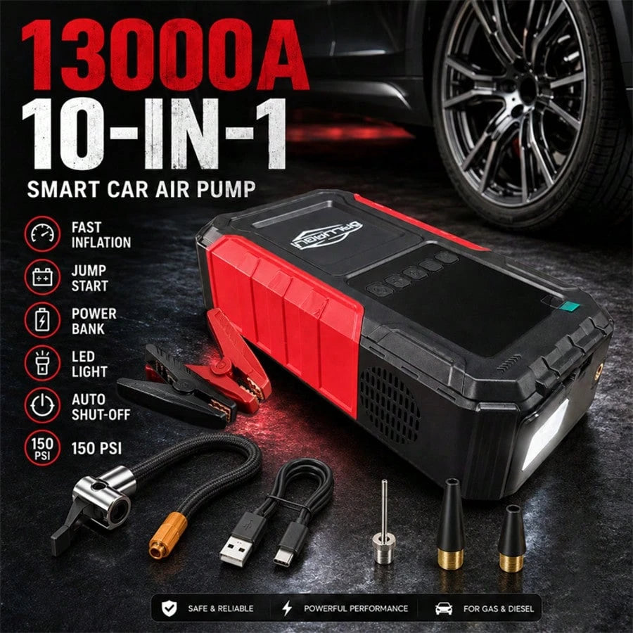 10-In-1 Car Emergency Jump Starter 13000A With Battery Charging System, Optional Air Compressor 150PSI, LED Work Light, USB Type-C Fast Charging And LCD Power Display