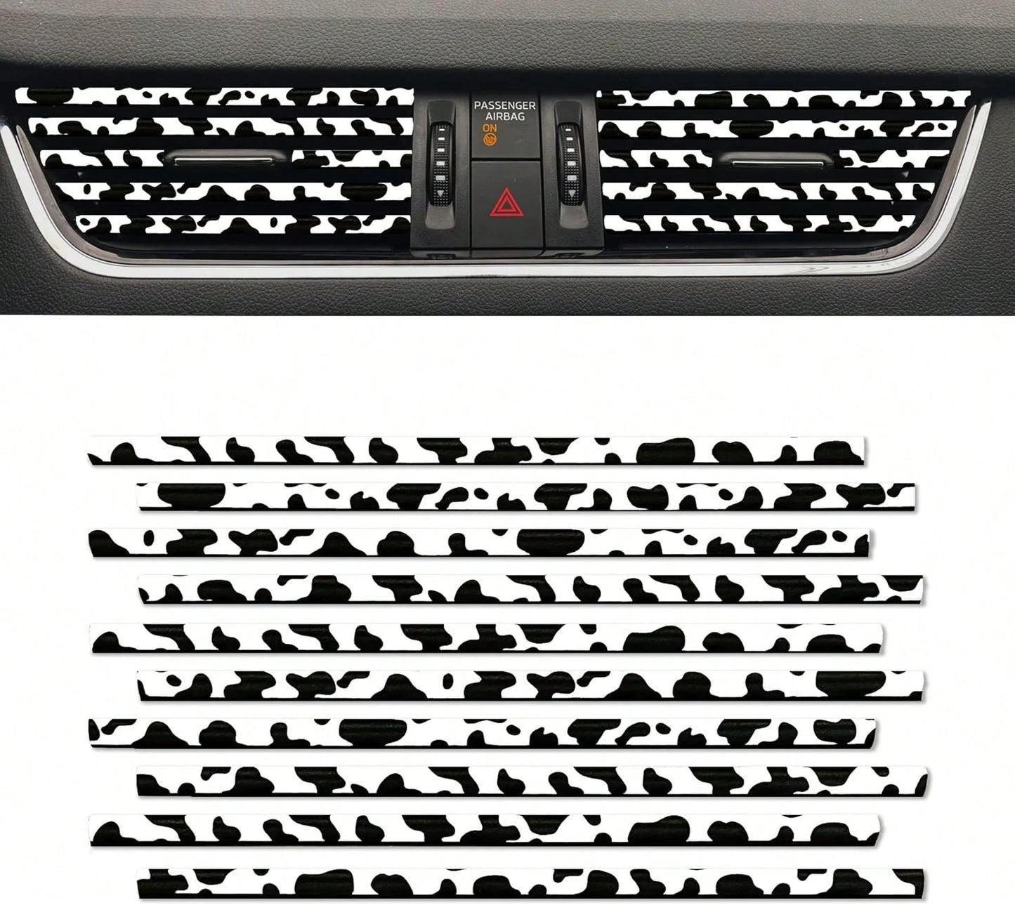 10 Pieces Cow Print Car Air Conditioner Air Outlet Decorative Strips, Cow Print Car Accessories, Flexible Shiny Auto Car Vent Interior Accessories For All Air Vent Outlet (Black White-Cow)