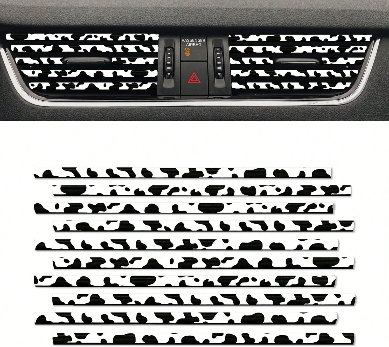 10 Pieces Cow Print Car Air Conditioner Air Outlet Decorative Strips, Cow Print Car Accessories, Flexible Shiny Auto Car Vent Interior Accessories For All Air Vent Outlet (Black White-Cow)