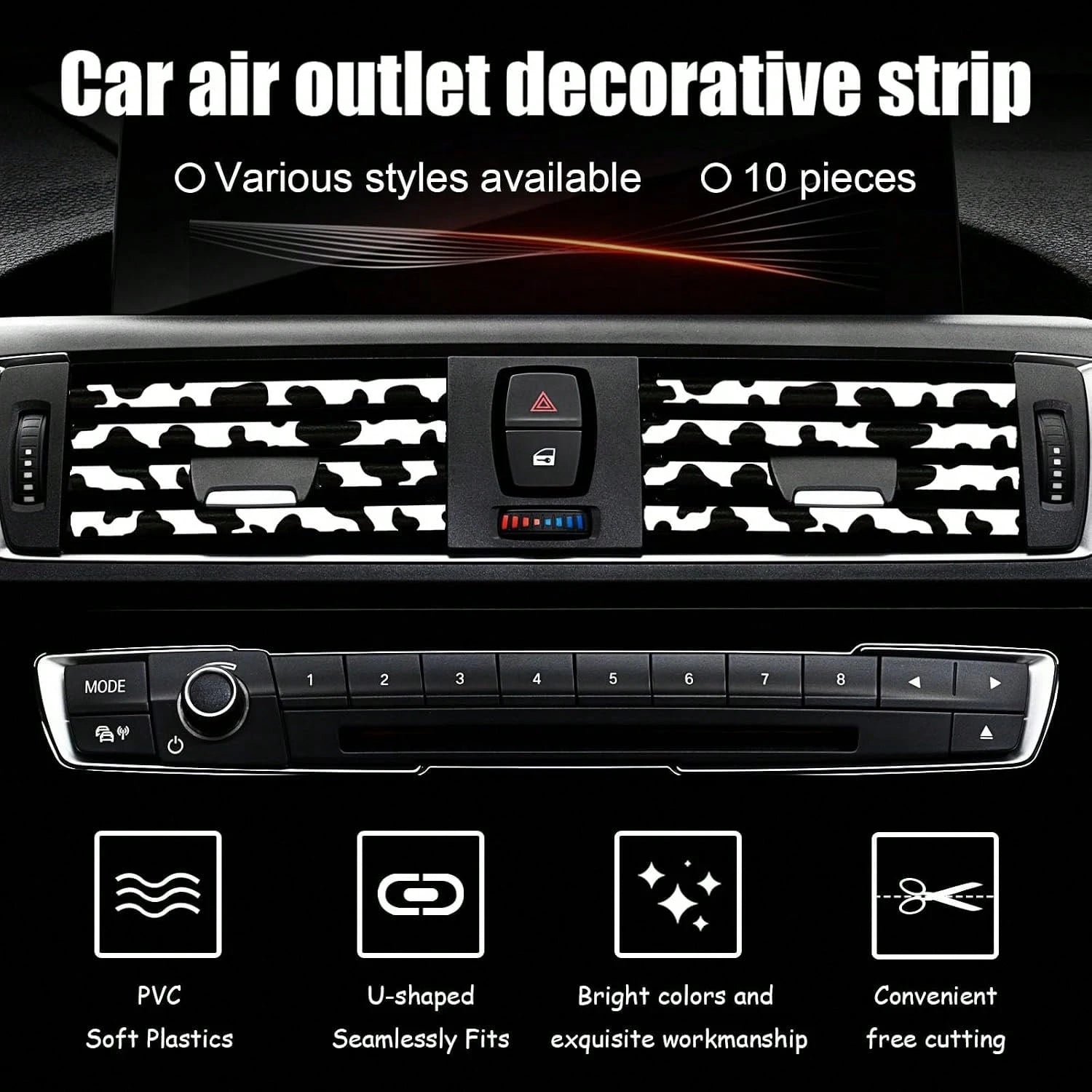 10 Pieces Cow Print Car Air Conditioner Air Outlet Decorative Strips, Cow Print Car Accessories, Flexible Shiny Auto Car Vent Interior Accessories For All Air Vent Outlet (Black White-Cow)