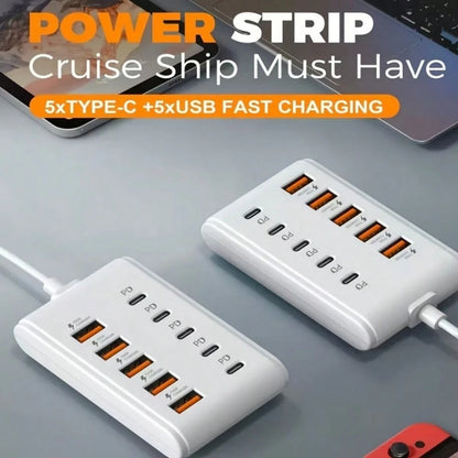 10-Port USB Fast Charging Station- 5*Type-C PD + 5*USB-A Interfaces| Compact Design, High-Speed Charging, Power Adapter, Essential For Technology Enthusiasts, Workspace Organizer, Space-Saving Charg