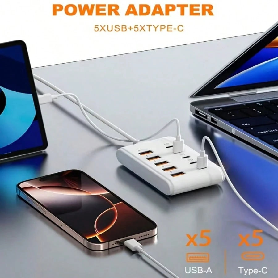 10-Port USB Fast Charging Station- 5*Type-C PD + 5*USB-A Interfaces| Compact Design, High-Speed Charging, Power Adapter, Essential For Technology Enthusiasts, Workspace Organizer, Space-Saving Charg