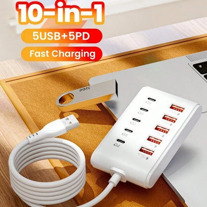 10-Port USB Fast Charging Station- 5*Type-C PD + 5*USB-A Interfaces| Compact Design, High-Speed Charging, Power Adapter, Essential For Technology Enthusiasts, Workspace Organizer, Space-Saving Charg