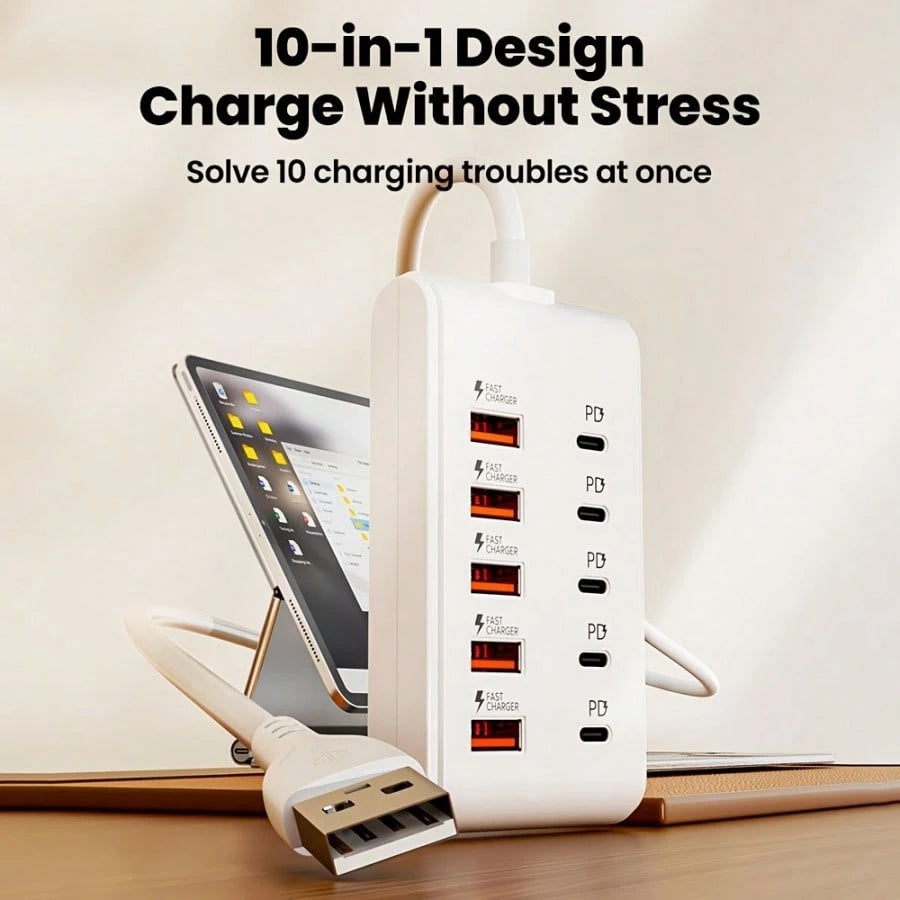 10-Port USB Fast Charging Station- 5*Type-C PD + 5*USB-A Interfaces| Compact Design, High-Speed Charging, Power Adapter, Essential For Technology Enthusiasts, Workspace Organizer, Space-Saving Charg