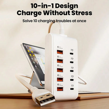 10-Port USB Fast Charging Station- 5*Type-C PD + 5*USB-A Interfaces| Compact Design, High-Speed Charging, Power Adapter, Essential For Technology Enthusiasts, Workspace Organizer, Space-Saving Charg