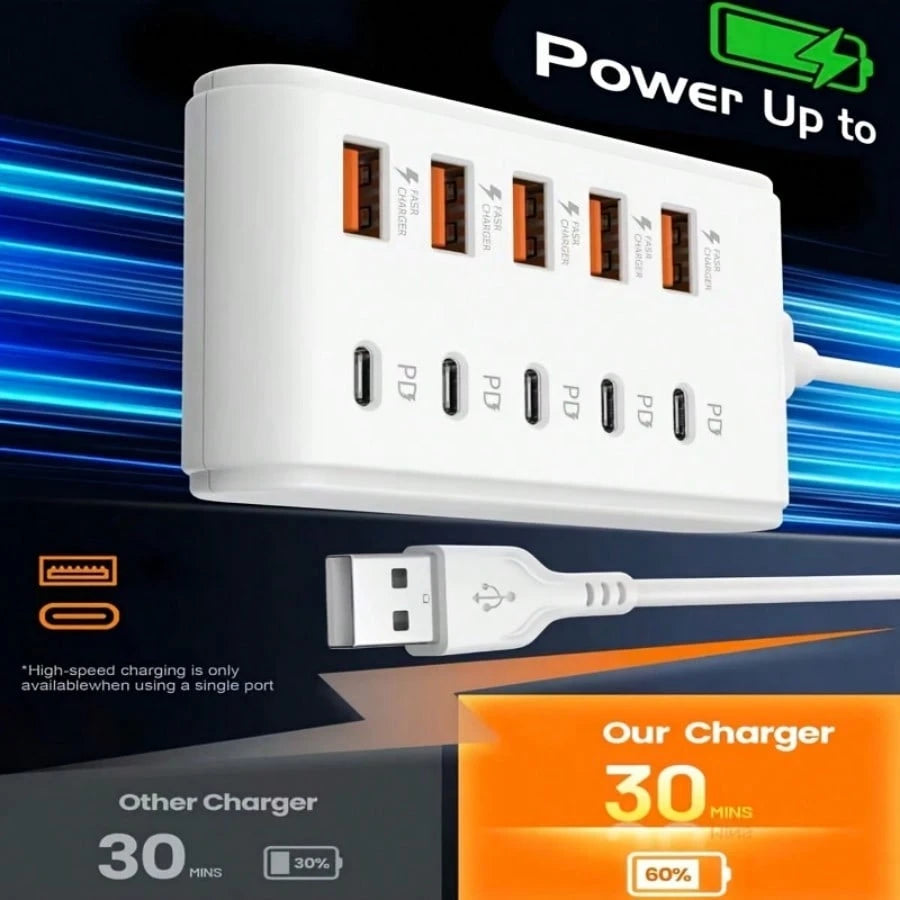 10-Port USB Fast Charging Station- 5*Type-C PD + 5*USB-A Interfaces| Compact Design, High-Speed Charging, Power Adapter, Essential For Technology Enthusiasts, Workspace Organizer, Space-Saving Charg
