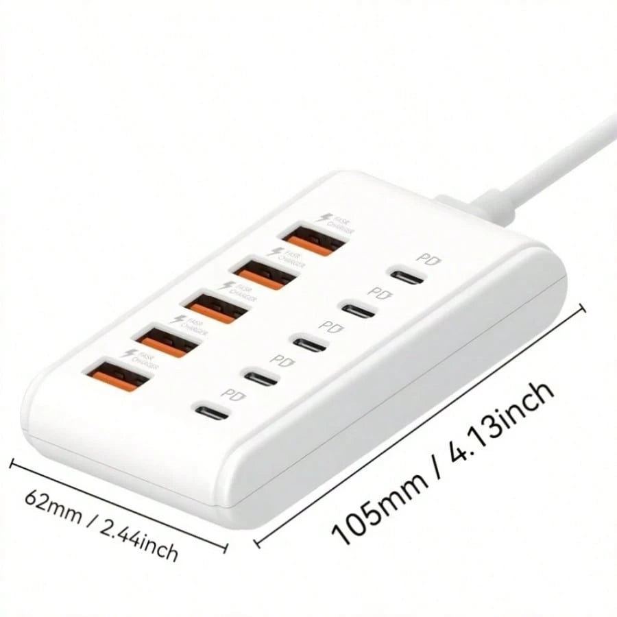 10-Port USB Fast Charging Station- 5*Type-C PD + 5*USB-A Interfaces| Compact Design, High-Speed Charging, Power Adapter, Essential For Technology Enthusiasts, Workspace Organizer, Space-Saving Charg