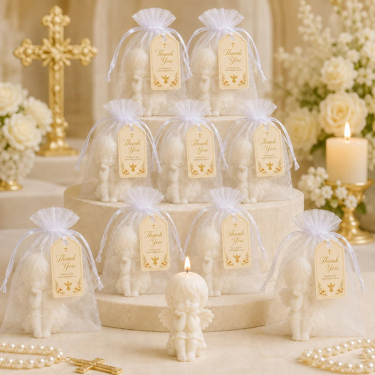 10 Sets Baby Baptism Party Favors Angel Set, Includes Organza Bags And Thank You Cards, Suitable For Baptism, First Communion, Baby Shower Gifts, Guest Favors Decoration