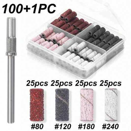 100+1pc 4 Sizes Nail Drill Bits Set With Small Clamps, 3mm Mini Sanding Wheels, Electric Nail Grinder Manicure Tools Accessories