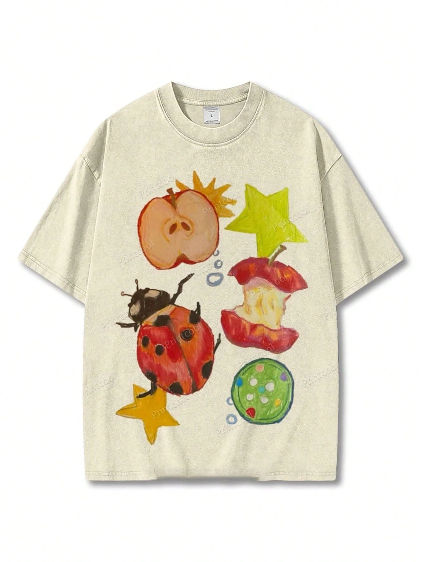 100% Cotton, Apple-Gnawing Bug Printed T-Shirt, Suitable For Casual Attire, Easy To Wear In Summer, Comfortable Short-Sleeved Outdoor Holiday Sports