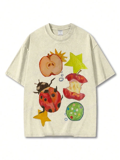 100% Cotton, Apple-Gnawing Bug Printed T-Shirt, Suitable For Casual Attire, Easy To Wear In Summer, Comfortable Short-Sleeved Outdoor Holiday Sports