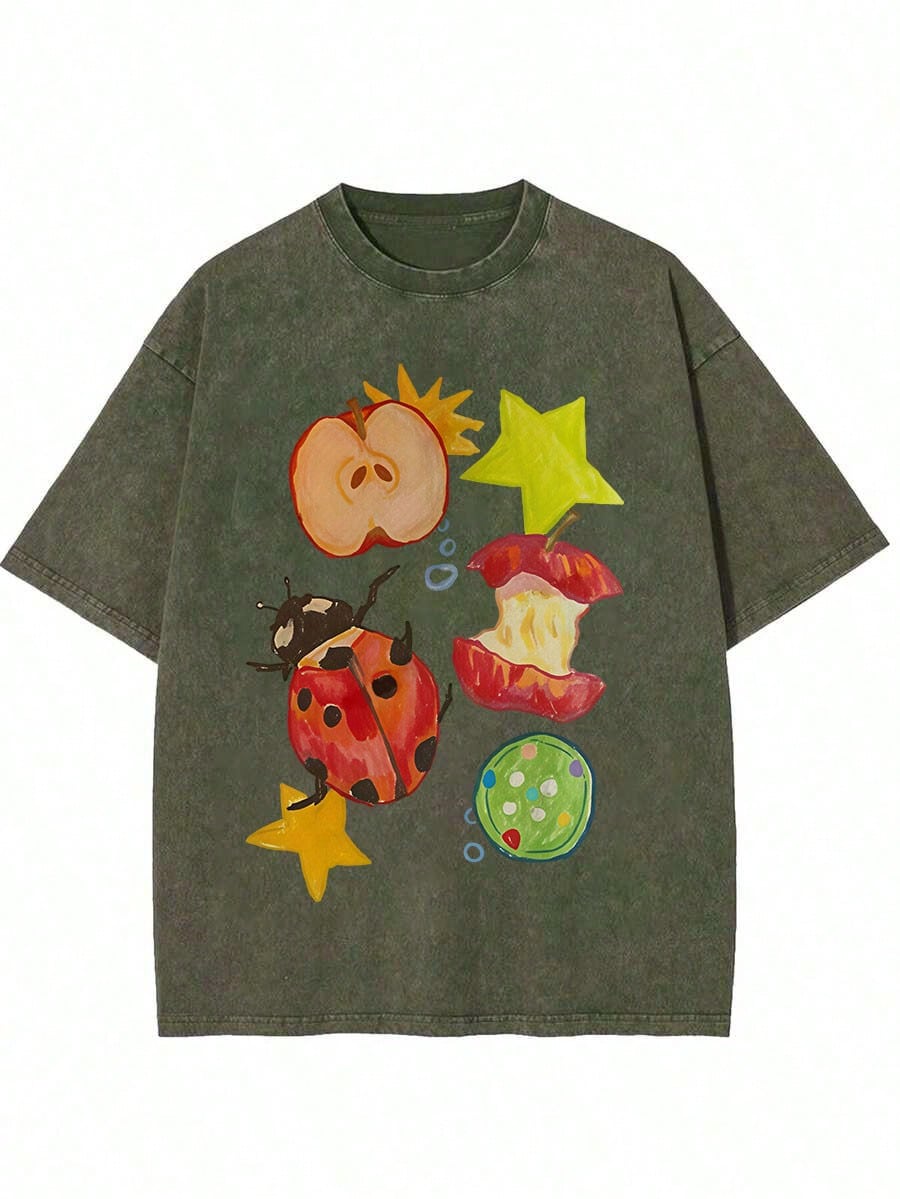 100% Cotton, Apple-Gnawing Bug Printed T-Shirt, Suitable For Casual Attire, Easy To Wear In Summer, Comfortable Short-Sleeved Outdoor Holiday Sports