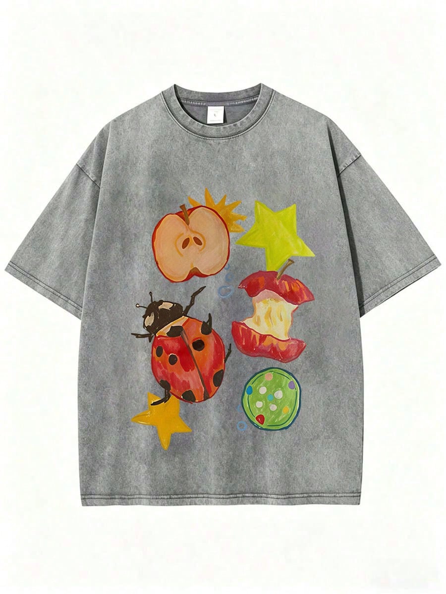 100% Cotton, Apple-Gnawing Bug Printed T-Shirt, Suitable For Casual Attire, Easy To Wear In Summer, Comfortable Short-Sleeved Outdoor Holiday Sports