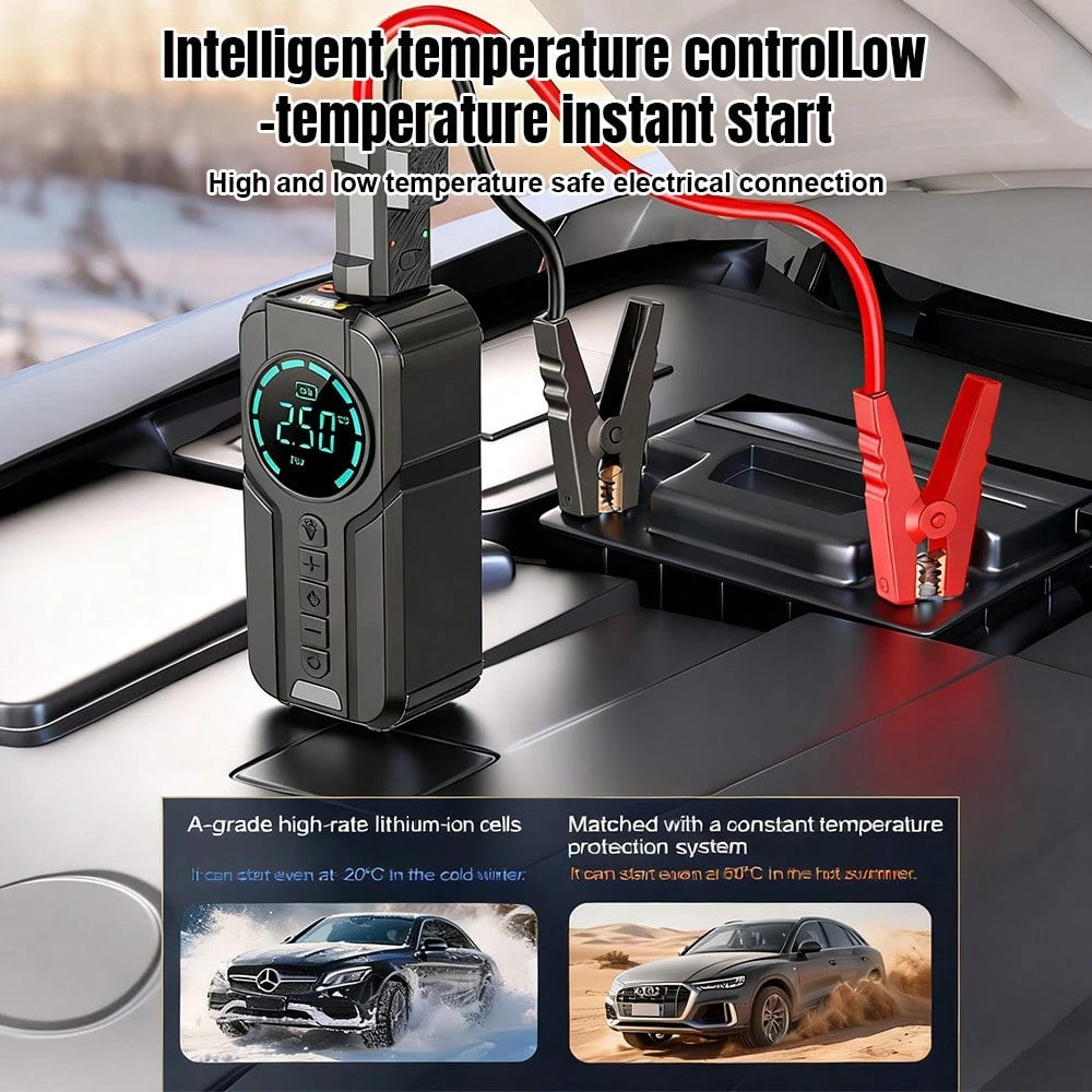 1000A 12V Portable Car Jump Starter 6000mAh With 150PSI Digital Tire Inflator LED Flashlight Power Bank Multi Safety Protection Emergency Booster For Car Motorcycle Viral Roadside Tool Gift For Driver