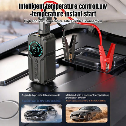 1000A 12V Portable Car Jump Starter 6000mAh With 150PSI Digital Tire Inflator LED Flashlight Power Bank Multi Safety Protection Emergency Booster For Car Motorcycle Viral Roadside Tool Gift For Driver
