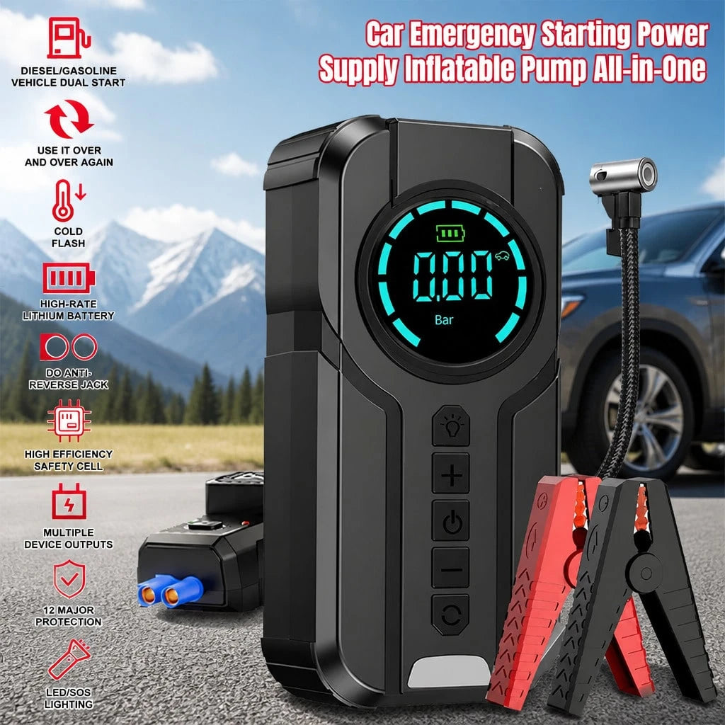 1000A 12V Portable Car Jump Starter 6000mAh With 150PSI Digital Tire Inflator LED Flashlight Power Bank Multi Safety Protection Emergency Booster For Car Motorcycle Viral Roadside Tool Gift For Driver