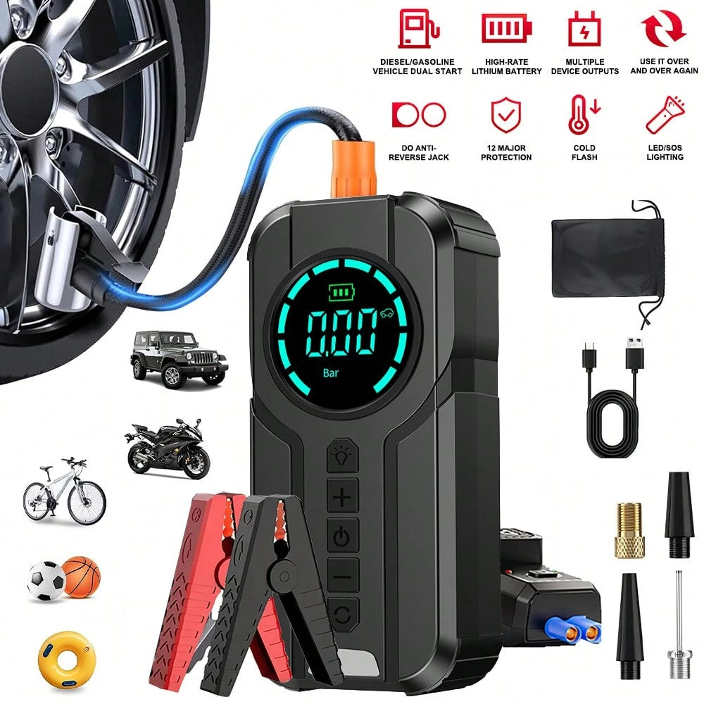 1000A 12V Portable Car Jump Starter 6000mAh With 150PSI Digital Tire Inflator LED Flashlight Power Bank Multi Safety Protection Emergency Booster For Car Motorcycle Viral Roadside Tool Gift For Driver