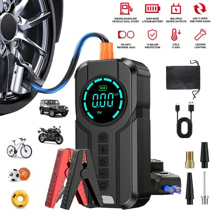 1000A 12V Portable Car Jump Starter 6000mAh With 150PSI Digital Tire Inflator LED Flashlight Power Bank Multi Safety Protection Emergency Booster For Car Motorcycle Viral Roadside Tool Gift For Driver