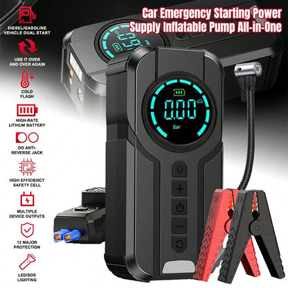 1000A 12V Portable Car Jump Starter 6000mAh With 150PSI Digital Tire Inflator LED Flashlight Power Bank Multi Safety Protection Emergency Booster For Car Motorcycle Viral Roadside Tool Gift For Driver