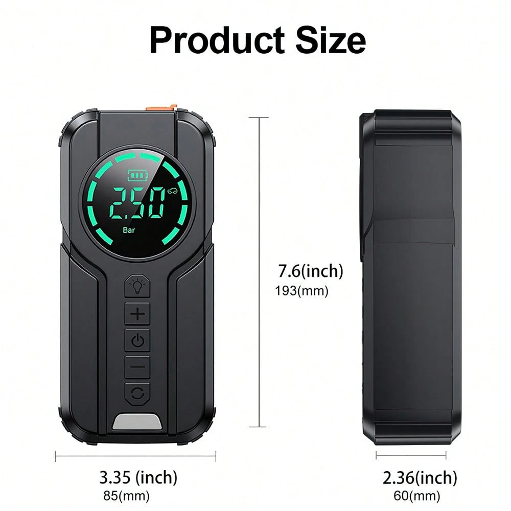 1000A 12V Portable Car Jump Starter 6000mAh With 150PSI Digital Tire Inflator LED Flashlight Power Bank Multi Safety Protection Emergency Booster For Car Motorcycle Viral Roadside Tool Gift For Driver