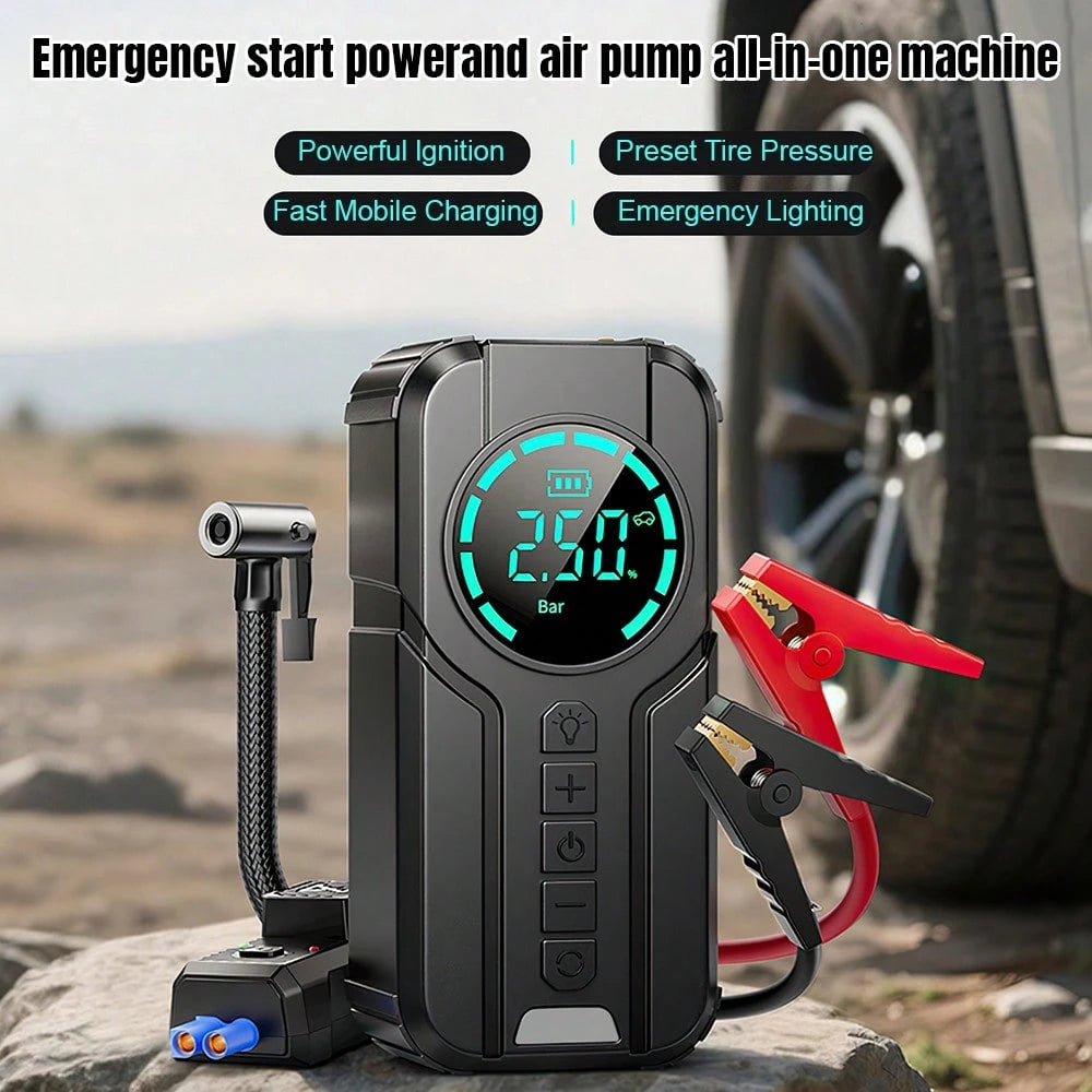 1000A 12V Portable Car Jump Starter 6000mAh With 150PSI Digital Tire Inflator LED Flashlight Power Bank Multi Safety Protection Emergency Booster For Car Motorcycle Viral Roadside Tool Gift For Driver