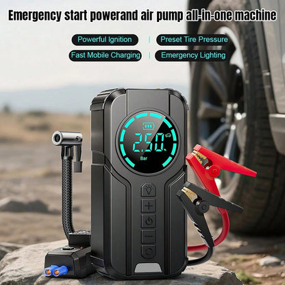 1000A 12V Portable Car Jump Starter 6000mAh With 150PSI Digital Tire Inflator LED Flashlight Power Bank Multi Safety Protection Emergency Booster For Car Motorcycle Viral Roadside Tool Gift For Driver