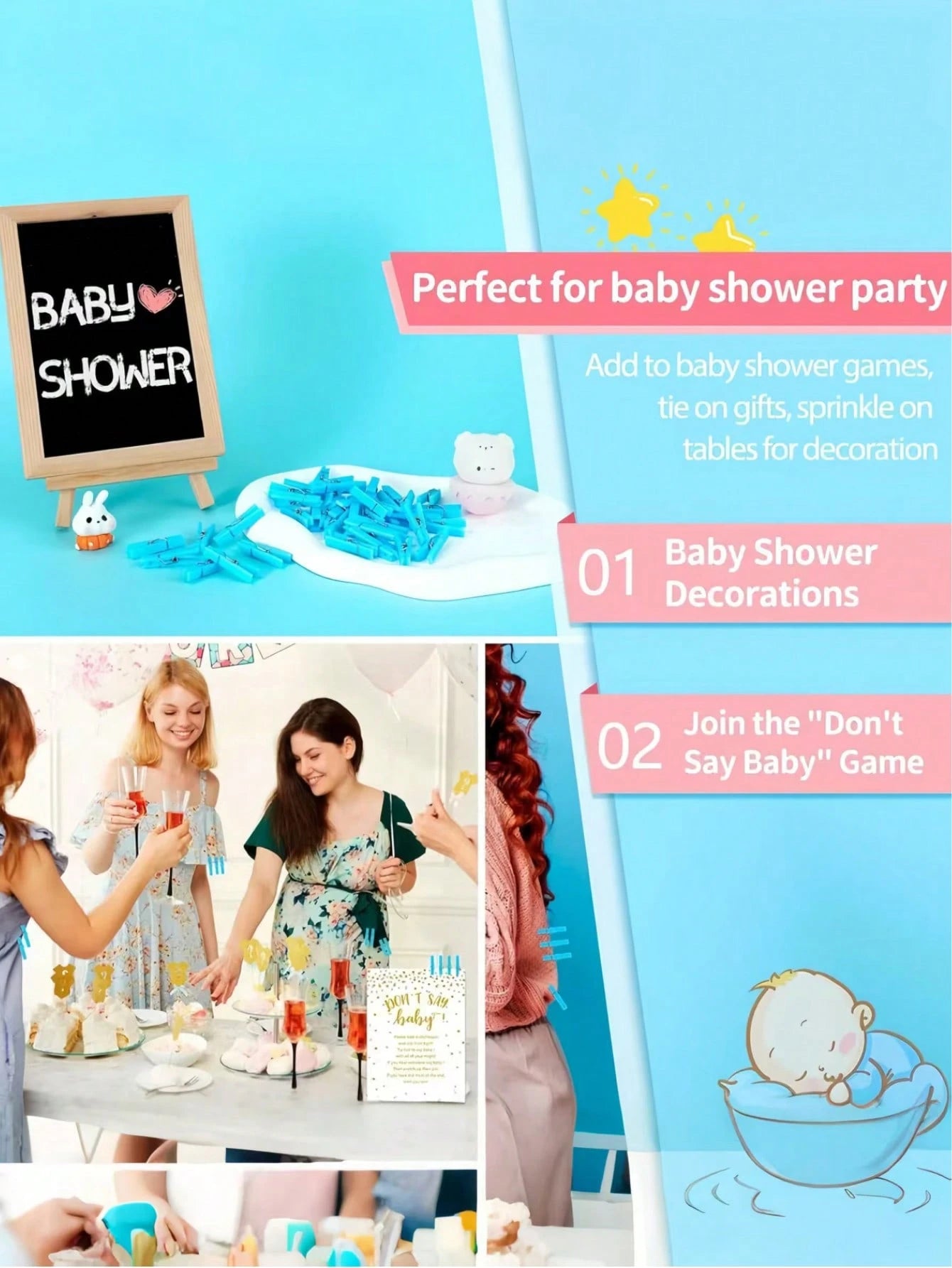 100pcs/50pcs Baby Shower Clothespins Game, Toddler Boys Plastic Clothespins, Mini Blue Clothespins, 1.2 Inch Large Pack, Ideal For Baby Shower, Gender Reveal Party Decor, Baby Gifts, DIY Crafts