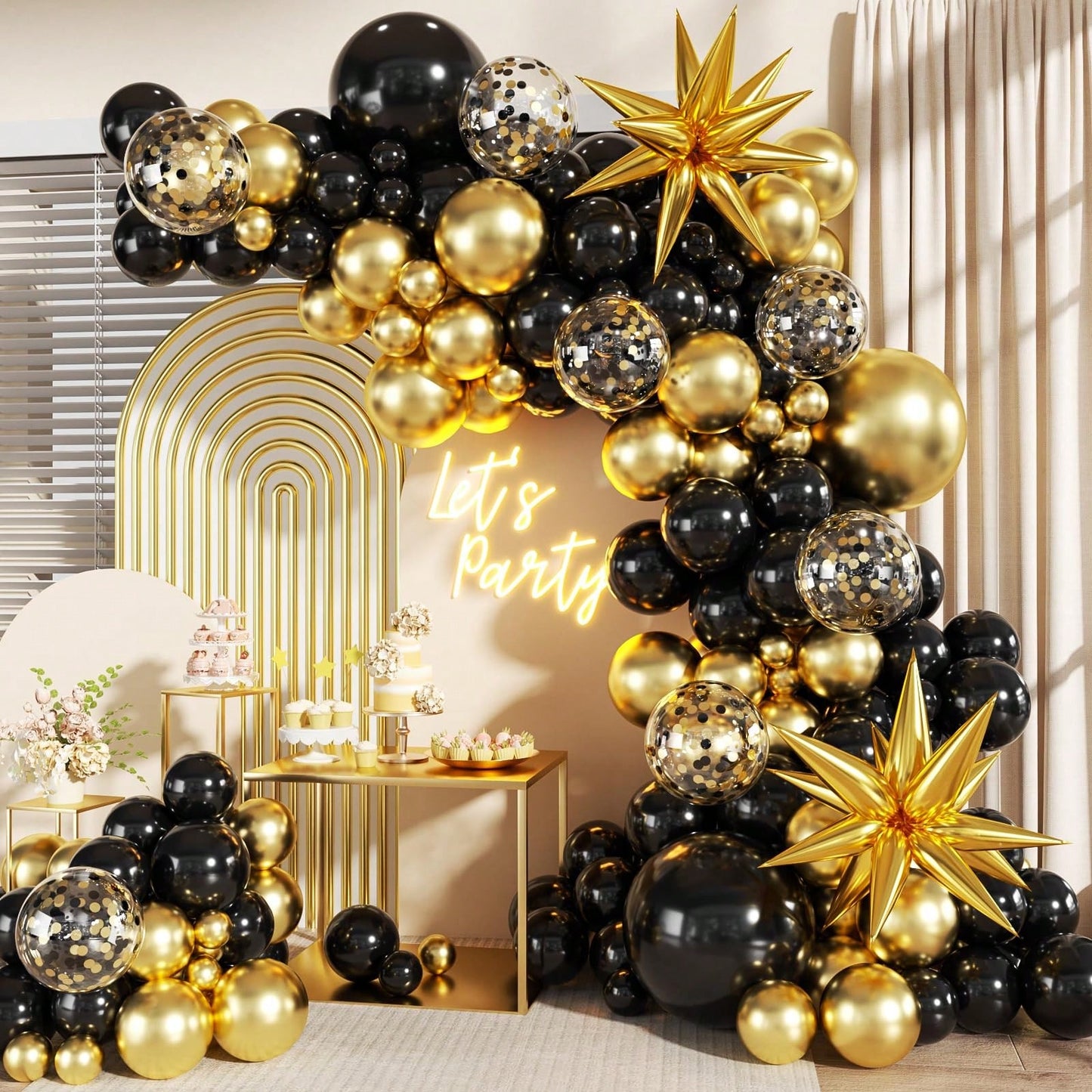 100pcs Black & Gold Balloon Garland Arch Kit, Black & Gold Star Balloons, Suitable For Boy/Girl Birthday, Graduation, New Year, Retirement, Anniversary, Wedding & Engagement Party Decor